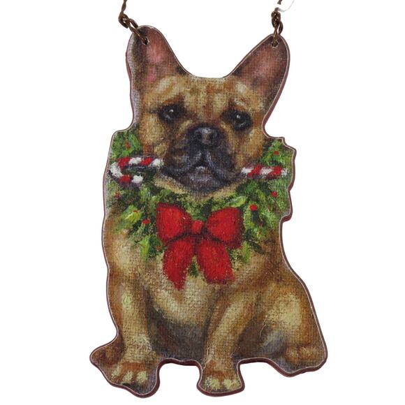 French Bulldog Christmas Tree Ornament Décor 4.5 " Tall Wreath,  Candy Cane - Picture 2 of 14